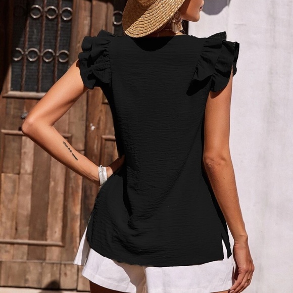 Boho Black Solid Ruffle Sleeve Top - Picture 6 of 7